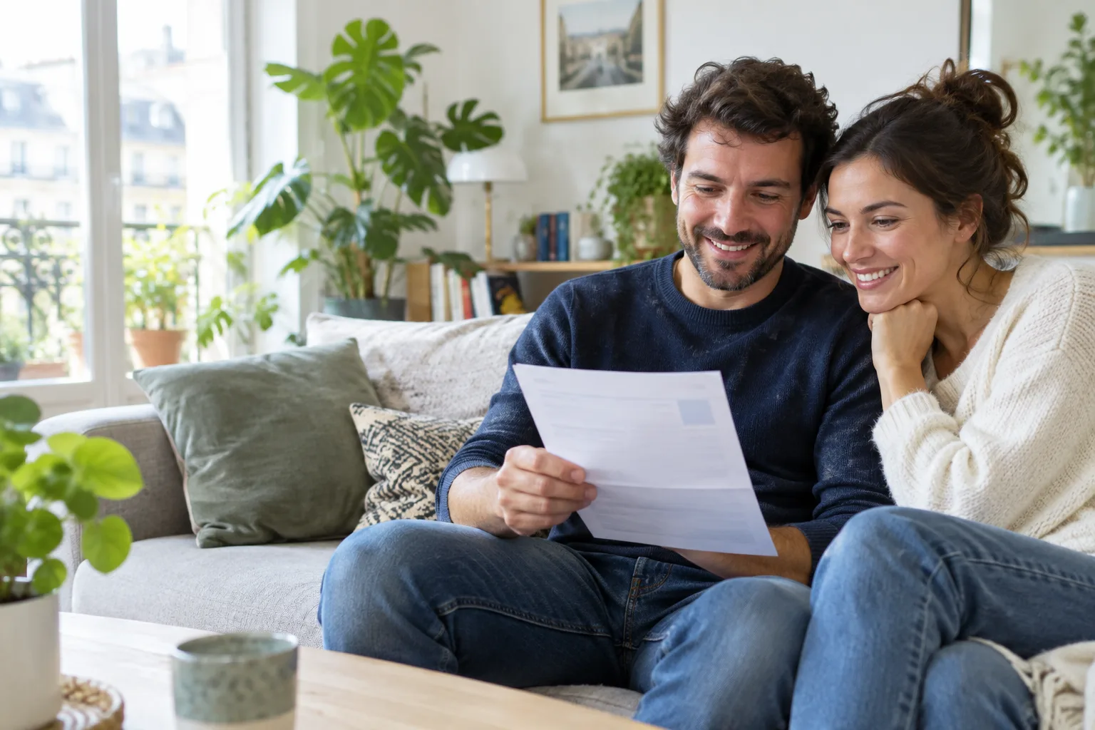 Couple souriant qui lit sa facture d’énergie dans son salon